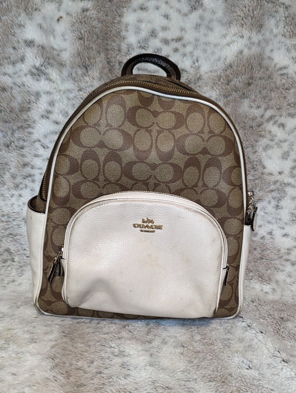 Coach Court Backpack In Signature Canvas Khaki Chalk White Leather 5671